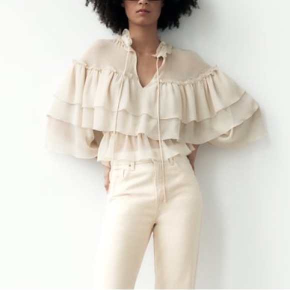 ZARA RUFFLED SEMI-SHEER TOP - Picture 6 of 10